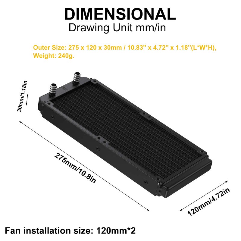 Clyxgs Water Cooling Radiator, 12 Pipe Aluminum Heat Exchanger Radiator with Tube for PC CPU Computer Water Cool System DC12V 240mm - Image 3
